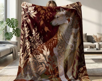 Fantasy Wolf Sherpa Blanket, Autumn Woodland Throw, Mystical Forest Animal Blanket, Gold Botanical Cottagecore Decor