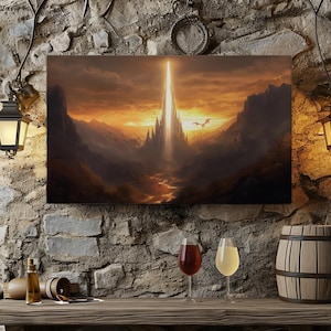 Puede incluir: Una pintura de paisaje de fantasía con un castillo blanco y alto en el centro. El castillo está rodeado de montañas y un río. El cielo es de un naranja y amarillo vibrantes, con un dragón volando por encima.
