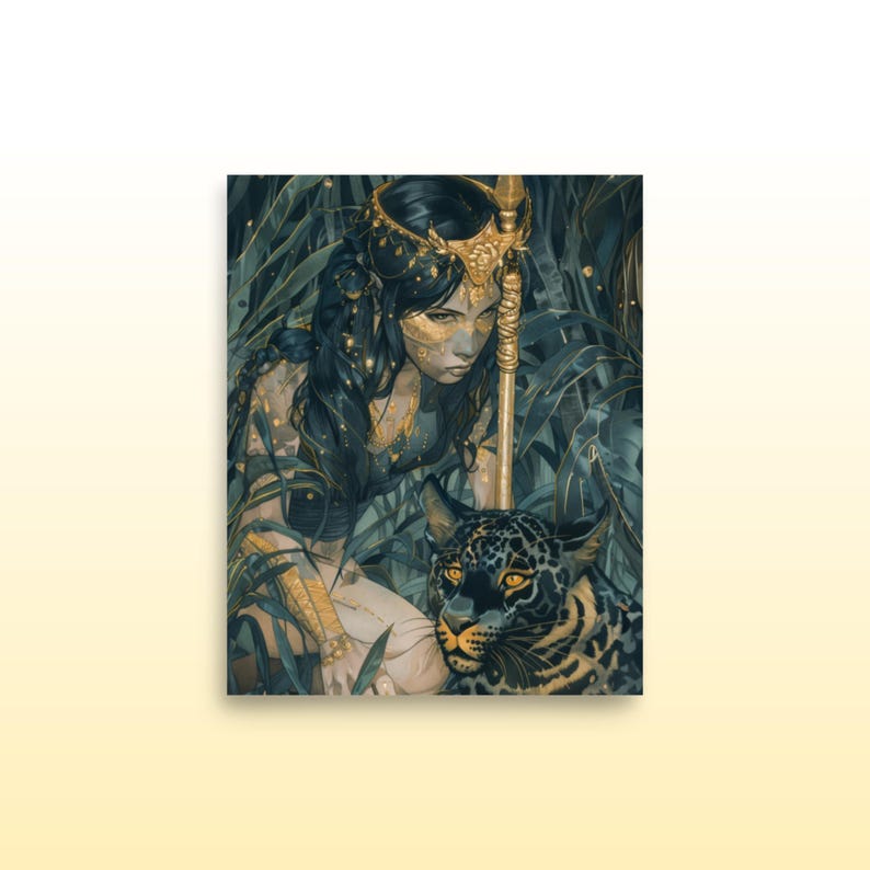 May include: A woman with dark hair and gold jewelry sits in a jungle setting with a black jaguar. She wears a gold crown and holds a spear. The jaguar has yellow eyes and a black and gold spotted coat.