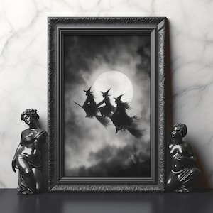 At Night We Fly Three Witches Matte Print Black and White Witch Wall Art Full Moon Gothic Halloween Decor Spooky Witchy Home Artwork