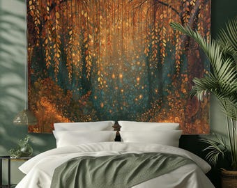 Fantasy Autumn Elven Willow Tapestry Enchanted Forest Wall Hanging Teal Green Gold Magical Bedroom Decor Fairy Lights Woodland Boho