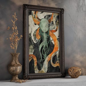 May include: A framed illustration of a green and orange creature with tentacles, set against a dark background with white and gray accents.