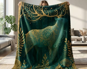 Enchanted Botanical Stag Fleece Sherpa Blanket Ornamental Gold Deer Art Teal and Gold Fantasy Illustration Throw Fantasy Room Decor Gift