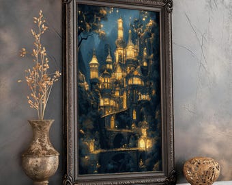 Può includere: Opera d'arte incorniciata raffigurante un castello luminoso immerso in un paesaggio scuro e fantastico. Il castello presenta numerose finestre e torri illuminate, sullo sfondo di un cielo stellato. La cornice è marrone scuro. L'opera è esposta su una superficie bianca.