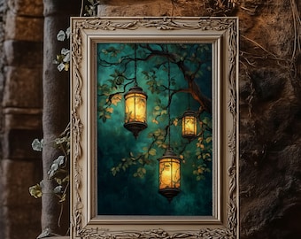 Impresión artística de bosque de linternas mágicas, árbol elfo encantado, decoración de pared, luz de hadas, impresión mate, ilustración de naturaleza fantástica, arte caprichoso mate