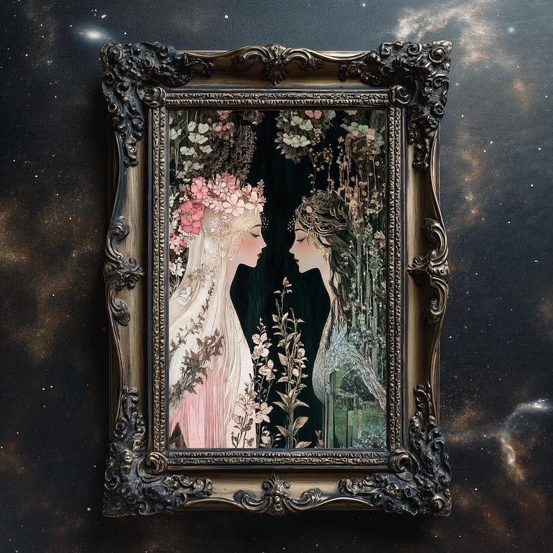 May include: A framed illustration of two women with floral crowns facing each other. The woman on the left is surrounded by pink flowers and the woman on the right is surrounded by green foliage. The background is a dark green.