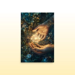 May include: Two hands cupped together over a glowing orb of light surrounded by green foliage and sparkling dust.