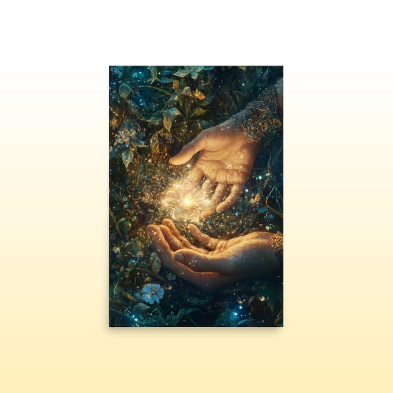 May include: Two hands cupped together over a glowing orb of light surrounded by green foliage and sparkling dust.