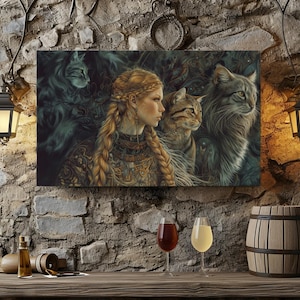 Stampa su tela Freya e i suoi gatti, regina norrena Freya con gatti, stampa su tela, mitologia norrena, decorazione da parete, regina delle Valchirie, stampa su tela norrena
