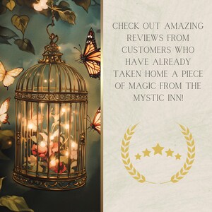 Pode incluir: Uma gaiola de p&aacute;ssaros dourada com luzes brilhantes dentro, cercada por borboletas. A gaiola est&aacute; sobre um fundo azul com folhas verdes. O texto "CHECK OUT AMAZING REVIEWS FROM CUSTOMERS WHO HAVE ALREADY TAKEN HOME A PIECE OF MAGIC FROM THE MYSTIC INN!" est&aacute; do lado direito da imagem. Cinco estrelas douradas est&atilde;o abaixo do texto.