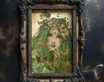 May include: A framed illustration of a woman with long green hair and a crown of leaves. She has a golden halo and butterflies are flying around her. The background is a dark green with gold accents.