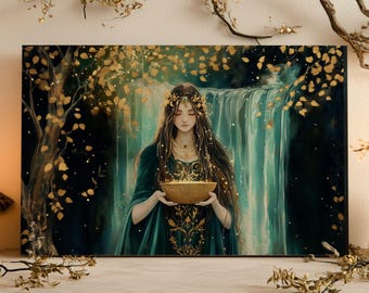 Arte en lienzo de la diosa celta Danu, decoración de pared de mitología celta, pintura dorada y verde, decoración del hogar de la diosa, arte de pared femenino divino, arte celta