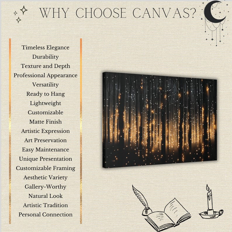 May include: A black and white image of a forest with glowing lights in the trees. The text "WHY CHOOSE CANVAS?" is at the top of the image. A list of reasons to choose canvas is on the left side of the image.