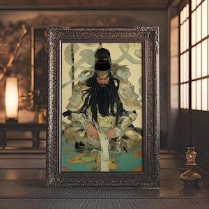 Guan Yu Art Print Chinese God of War Matte Print Samurai Spirit Warrior Illustration, Asian Mythology Matte Poster for Meditation Unframed