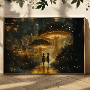 Fairy Filled Mushroom Kingdom Matte Print Fairytale Wall Art Mushroom and Fairies Art Print Fantasy Room Wall Decor Mushroom Forest Art