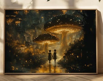 Stampa opaca del regno dei funghi pieno di fate, stampa artistica da parete con fata, stampa artistica di funghi e fate, decorazione da parete per la stanza fantasy, arte della foresta di funghi