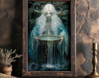 Impresión mate de la diosa celta Danu, impresión artística de Danu con cuenco de agua, decoración de pared celta, arte femenino divino, regalo de arte de la diosa celta