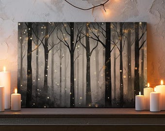 Förtrollad fantasi skog inslagen canvas Fantasi ljusslingor natur canvas vägg mystisk mörk stuga kärna väggkonst fantasi älskare canvas