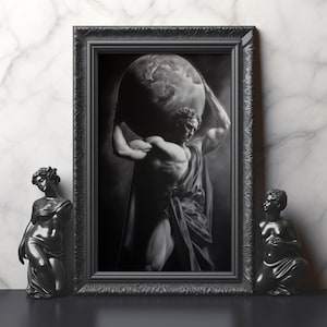Atlas Greek God Matte Print Black and White Mythology Wall Art Holding the World Poster Masculine Statue Decor Matte Chalk Style Myth Print