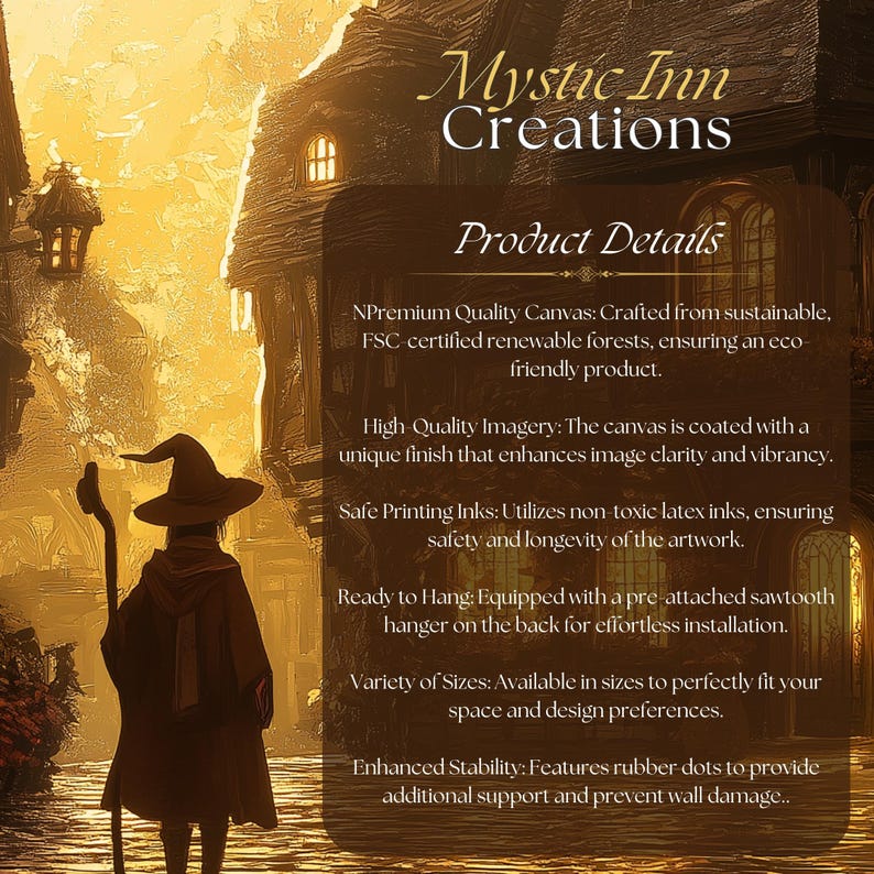 K&ouml;nnte beinhalten: Ein Leinwanddruck von Mystic Inn Creations. Das Bild zeigt eine Person in einem Zaubererkost&uuml;m, die eine Kopfsteinpflasterstra&szlig;e entlanggeht. Der Text auf der Leinwand lautet &bdquo;Produktdetails&ldquo; und listet Merkmale wie hochwertige Bildgebung und ein sofort aufh&auml;ngbares Design auf.