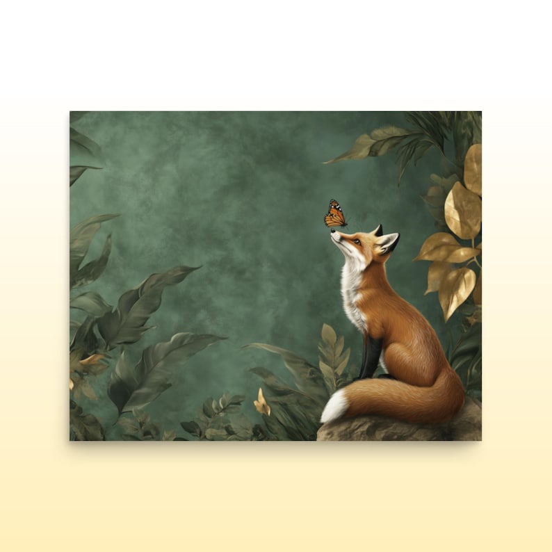 Whimsical Fox and Butterfly Fantasy Matte Print Green and Gold Botanical Fox Art Print Cute Fox and Butterfly Wall Art Fox Lover Art Print