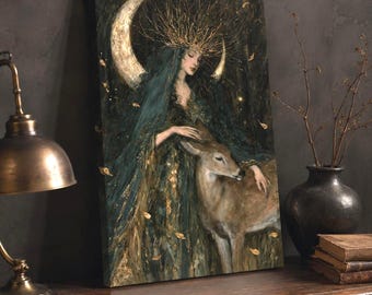 Fantasy Druid Goddess and Deer Wall Art, Dark Fantasy Canvas or Matte Print, Celestial Woodland Decor