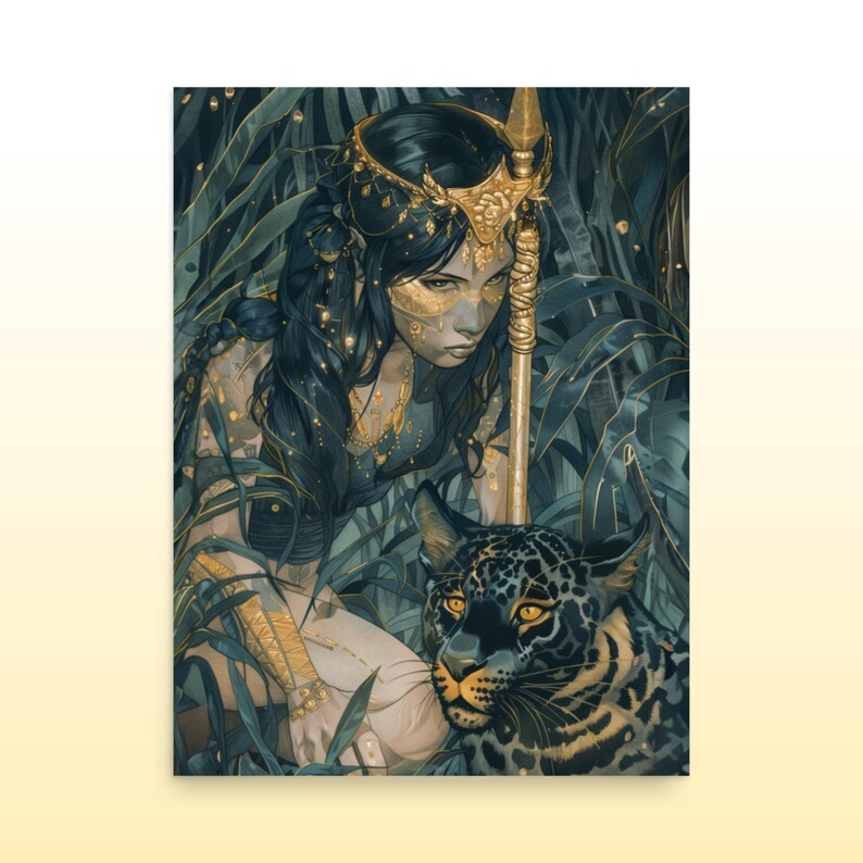 Awilix Matte Print Divine Mayan Goddess Art Print Awilix, Goddess of Moon and Night in Gold & Green Mayan Wall Art Green Mayan Wall Decor