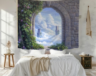 Castle in the Sky Window Tapestry Fantasy Castle Wind Tapestry Art Fantasy Window Wall Hanging Fantasy Room Decor Enchanted Window Tapestry