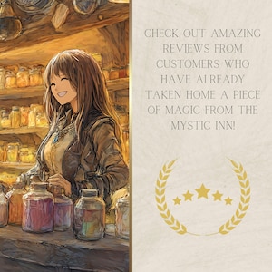 Pu&ograve; includere: Illustrazione di una persona sorridente in un negozio con scaffali di barattoli. Il testo recita: "GUARDA LE INCREDIBILI RECENSIONI DEI CLIENTI CHE HANNO GI&Agrave; PORTATO A CASA UN PEZZO DI MAGIA DAL MYSTIC INN!" &Egrave; presente anche un emblema a stella d'oro.