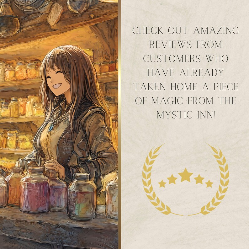 Pu&ograve; includere: Illustrazione di una persona sorridente in un negozio con scaffali di barattoli. Il testo recita: "GUARDA LE INCREDIBILI RECENSIONI DEI CLIENTI CHE HANNO GI&Agrave; PORTATO A CASA UN PEZZO DI MAGIA DAL MYSTIC INN!" &Egrave; presente anche un emblema a stella d'oro.