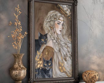 Freya Norse Goddess Art Print Viking Mythology Wall Decor Freya with Cats Poster Divine Feminine Norse Mythology Matte Fantasy Portrait Art