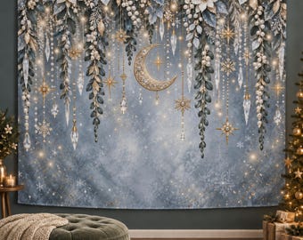 Frosted Celestial Moon Tapestry, Gold Crescent and Stars Wall Hanging, Blue Winter Botanical Decor