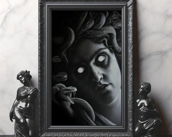 Impresión mate en blanco y negro de Medusa, mitología oscura, decoración de pared, póster de diosa con cabello de serpiente, estatua griega, impresión mate, arte gótico de terror para el hogar.