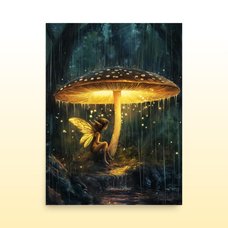 Mushroom Shelter, Fantasy Museum Quality Matte Print Fairy Under Mushroom Fantasy Print Cozy Luminous Mushroom Wall Decor Fantasy Art Gift