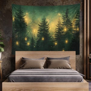 Enchanted Fur Tree Forest Tapestry Fantasy Fairy Lights Nature Tapestry Wall Hanging Mystical Dark Cottage Core Forest Large Wall Hanging