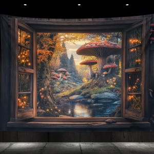 K&ouml;nnte beinhalten: Ein Holzfensterrahmen mit Blick auf eine magische Waldszene. Der Wald ist voller leuchtender Lichter und gro&szlig;er roter und orangefarbener Pilze. Ein kleiner Bach flie&szlig;t durch den Wald.