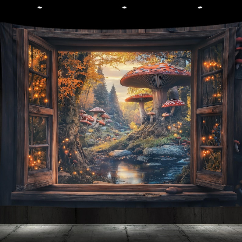 K&ouml;nnte beinhalten: Ein Holzfensterrahmen mit Blick auf eine magische Waldszene. Der Wald ist voller leuchtender Lichter und gro&szlig;er roter und orangefarbener Pilze. Ein kleiner Bach flie&szlig;t durch den Wald.