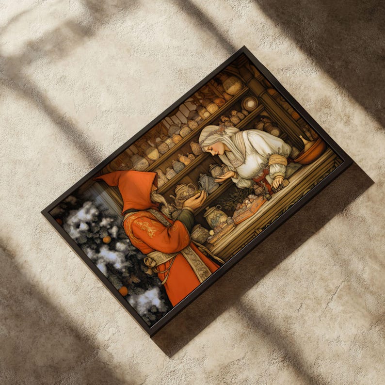 May include: A woman in a white dress and a red hooded man are standing in a shop. The woman is holding a small silver object in her hand and the man is holding a larger silver object. The shop is filled with shelves of jars and bottles.