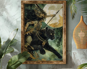 Awilix and Panther Matte Print Divine Mayan Goddess Art Print Awilix, Goddess of Moon and Night in Gold & Green Mayan Wall Art Mayan Decor