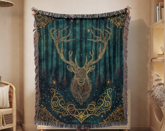 Celtic Stag Woven Blanket Celtic Style Woven Throw Blanket Green Horned Stag Celtic Style Throw Fantasy Woven Blanket Elk Woven Throw