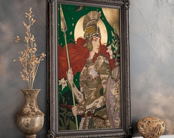 Athena Art Print Greek Goddess Wall Art Divine Feminine Warrior Poster Mythology Decor Spear and Shield Matte Fantasy Illustration