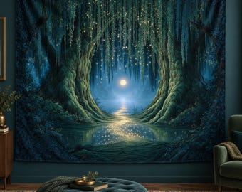 Moonlit Willow Sanctuary Tapestry, Moon and Forest Wall Hanging, Dark Teal Woodland Fantasy Decor