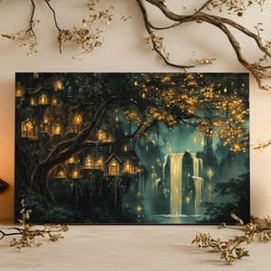 Elven Tree Village Canvas Art Print Fantasy Forest Wall Decor Mystic Twilight Village Painting Enchanted Woodland Home Decor Elvish Wall Art