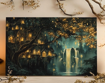 Elven Tree Village Canvas Art Print Fantasy Forest Wall Decor Mystic Twilight Village Painting Enchanted Woodland Home Decor Elvish Wall Art