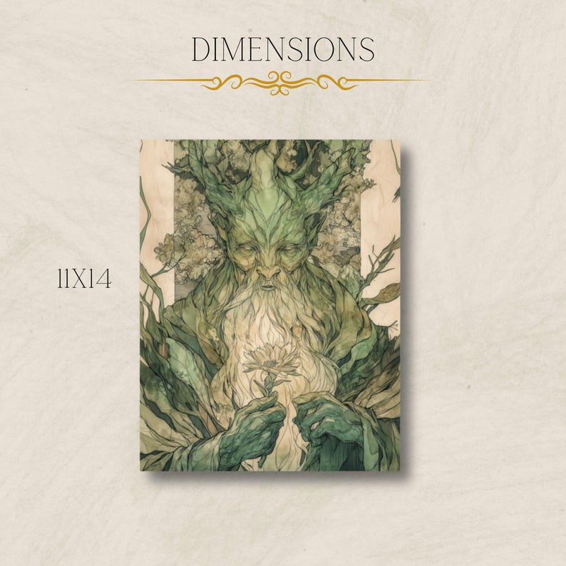 May include: A green, humanoid figure with a long white beard and a crown of leaves holds a white flower. The figure is surrounded by green foliage and branches. The image is titled "DIMENSIONS" with a decorative flourish.