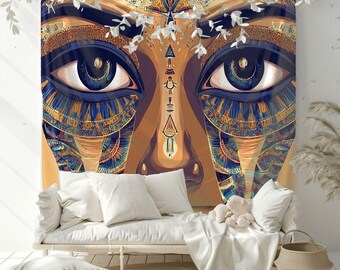 Egyptian Goddess Eyes Tapestry Divine Feminine Art Fantasy Wall Art Egyptian Tapestry Gold Wall Decor Egyptian Style Art Goddess Tapestry