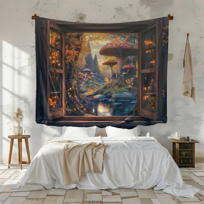 K&ouml;nnte beinhalten: Eine Wandteppich mit einem Fenster, das auf eine magische Waldszene mit leuchtenden Lichtern und Pilzen blickt. Das Fenster ist aus Holz und hat ein rustikales Aussehen. Der Wald ist gef&uuml;llt mit B&auml;umen, Pilzen und einem Bach. Der Wandteppich ist perfekt, um jedem Raum einen Hauch von Fantasie zu verleihen.