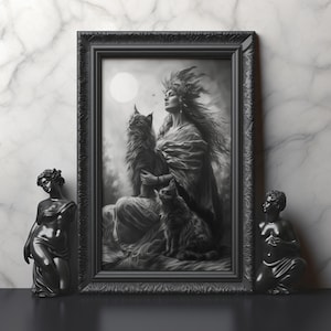 Freya, Norse Queen of the Valkyries Poster Wall Decor Black and White Momochrome Art Nordic Mythological Wall Decor Freya with Cats