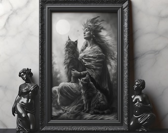 Freya, Norse Queen of the Valkyries Poster Wall Decor Black and White Momochrome Art Nordic Mythological Wall Decor Freya with Cats