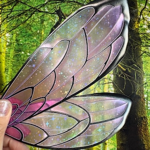 May include: A pair of iridescent fairy wings featuring a translucent, holographic material with a subtle star pattern. The wings have defined black structural veins and a solid black border, creating a distinct insect-like appearance.